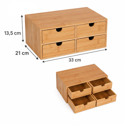 Bamboo Drawer Box Desk Organiser with 4 Drawers, 13.5 x 33 x 21 cm, Natural