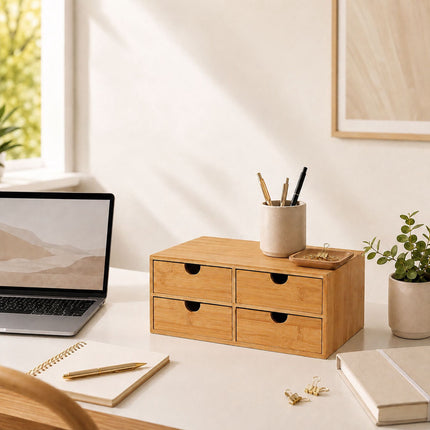 Bamboo Drawer Box Desk Organiser with 4 Drawers, 13.5 x 33 x 21 cm, Natural