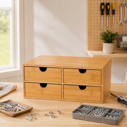 Bamboo Drawer Box Desk Organiser with 4 Drawers, 13.5 x 33 x 21 cm, Natural