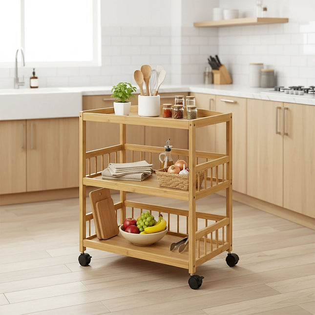 Cărucior de bucătărie din bambus, cărucior subțire cu 3 rafturi, cu roți
