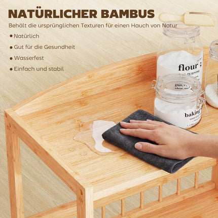 Cărucior de bucătărie din bambus cu roți – 3 rafturi, lemn natural