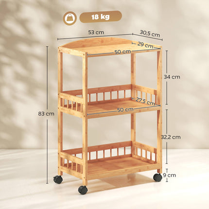 Cărucior de bucătărie din bambus cu roți – 3 rafturi, lemn natural