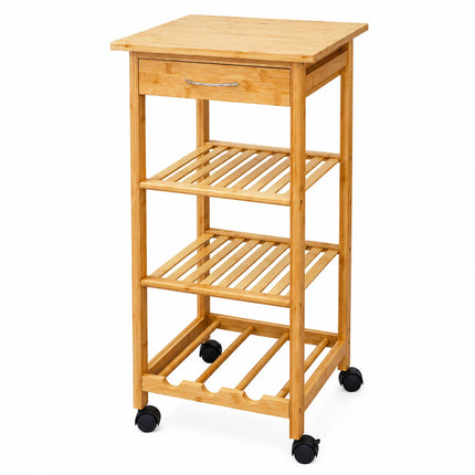 Bamboo Kitchen Trolley with Drawer and Wine Rack, 4 Shelves, 80 x 39 x 39 cm