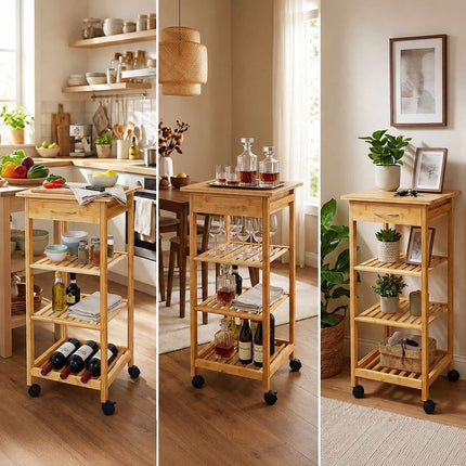 Bamboo Kitchen Trolley with Drawer and Wine Rack, 4 Shelves, 80 x 39 x 39 cm