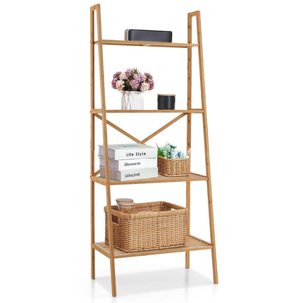 Raft tip scară din bambus cu sistem anti-răsturnare, 4 niveluri, 60x35,5x148 cm