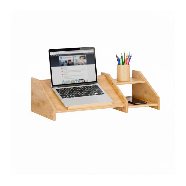 Suport pentru laptop din bambus cu rafturi laterale pentru birou