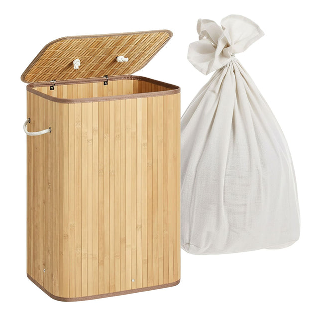 Coș de rufe din bambus, 2 compartimente, pliabil