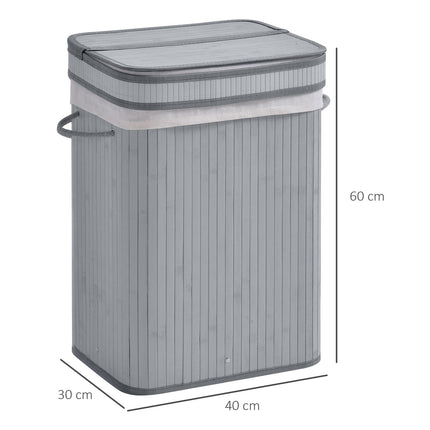 Coș de rufe subțire din bambus cu capac Coș de rufe 70 L cu mânere, sac de rufe detașabil, coșuri de rufe pentru spălătorie dormitor baie gri Aosom