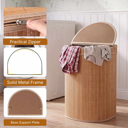 Bamboo Laundry Hamper 72 L with Zippered Lid and Liner, Natural, Foldable