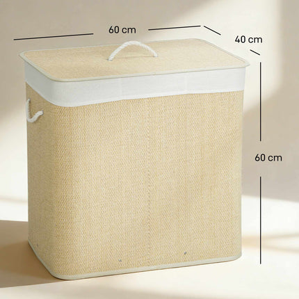 Coș de rufe din bambus cu capac, 3 compartimente, 144 l