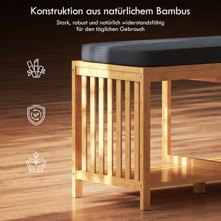 Bancă pentru pantofi din bambus cu pernă, spațiu de depozitare deschis, capacitate 220 kg