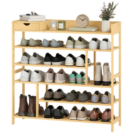 Bamboo Shoe Rack with Drawer, 6 Tiers, Holds 18 Pairs