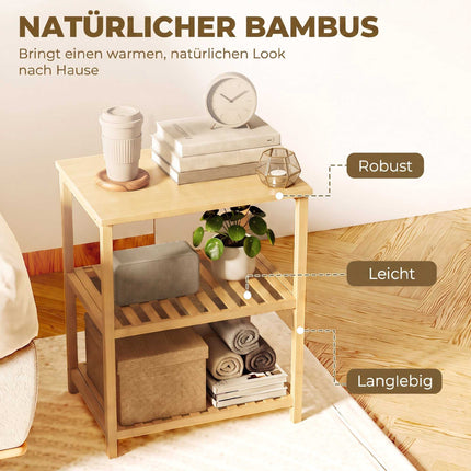 Masă laterală din bambus, rafturi cu 3 niveluri, finisaj natural