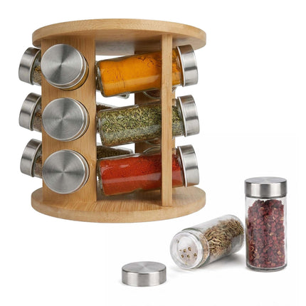 Bamboo Spice Carousel with 12 Glass Jars and Shaker Inserts, Rotating Base