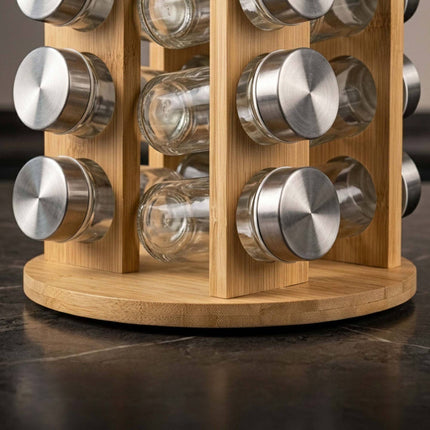 Bamboo Spice Carousel with 12 Glass Jars and Shaker Inserts, Rotating Base
