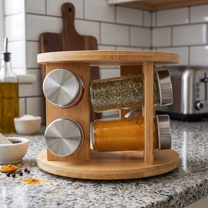 Bamboo Spice Carousel with 12 Glass Jars and Shaker Inserts, Rotating Base