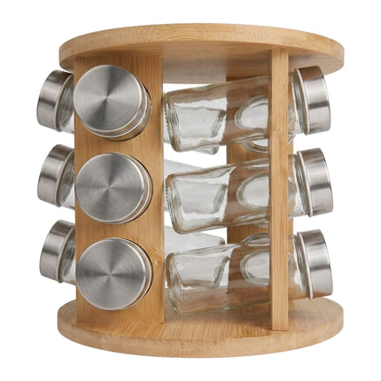 Bamboo Spice Carousel with 12 Glass Jars and Shaker Inserts, Rotating Base