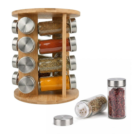 Bamboo Spice Carousel with 16 Glass Jars and Shaker Inserts, Rotating Base