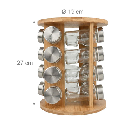 Bamboo Spice Carousel with 16 Glass Jars and Shaker Inserts, Rotating Base