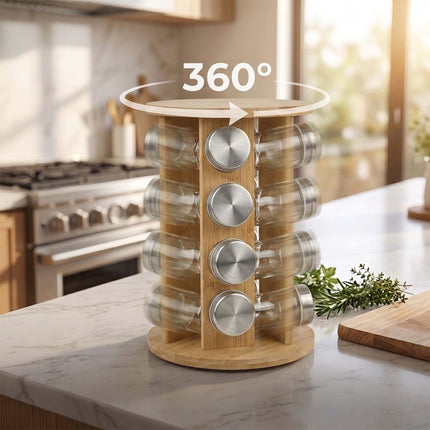 Bamboo Spice Carousel with 16 Glass Jars and Shaker Inserts, Rotating Base