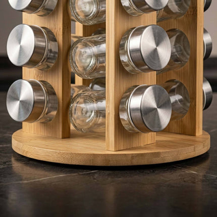 Bamboo Spice Carousel with 16 Glass Jars and Shaker Inserts, Rotating Base