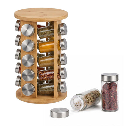 Bamboo Spice Carousel with 20 Glass Jars and Shaker Inserts, Rotating Base