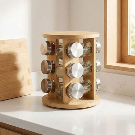 Bamboo Spice Carousel with 20 Glass Jars and Shaker Inserts, Rotating Base