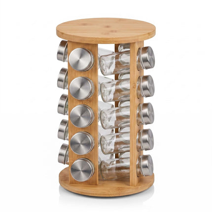 Bamboo Spice Carousel with 20 Glass Jars and Shaker Inserts, Rotating Base