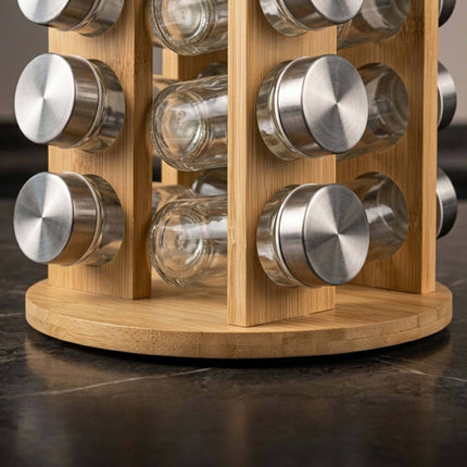 Bamboo Spice Carousel with 20 Glass Jars and Shaker Inserts, Rotating Base
