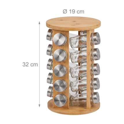 Bamboo Spice Carousel with 20 Glass Jars and Shaker Inserts, Rotating Base