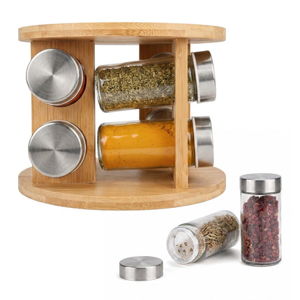 Bamboo Spice Carousel with 8 Glass Jars and Shaker Inserts, Rotating Base