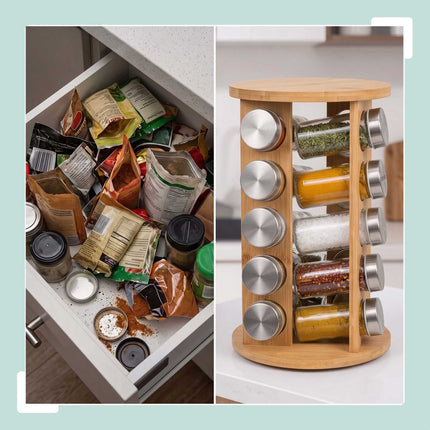 Bamboo Spice Carousel with 8 Glass Jars and Shaker Inserts, Rotating Base