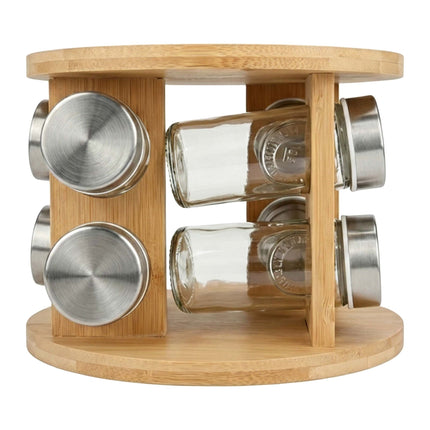 Bamboo Spice Carousel with 8 Glass Jars and Shaker Inserts, Rotating Base