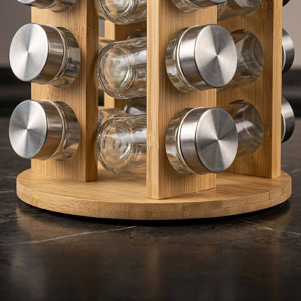 Bamboo Spice Carousel with 8 Glass Jars and Shaker Inserts, Rotating Base