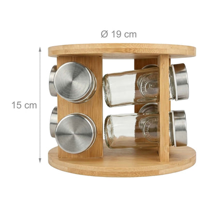 Bamboo Spice Carousel with 8 Glass Jars and Shaker Inserts, Rotating Base