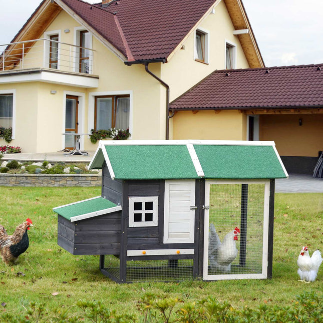 Coș de găini Bantam Coș modern de păsări cu cutie de cuib și țac acoperit, lemn de brad și sârmă metalică, gri