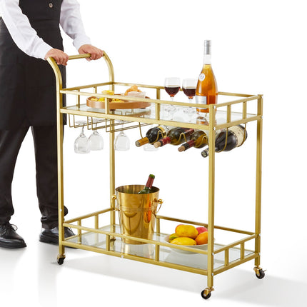 Bar Cart, 2-Tier Gold, Glass Shelves, Locking Wheels, Wine Rack