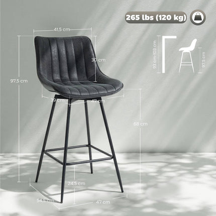 Set de 2 scaune de bar, 68 cm, pivotante la 360 de grade, negre, cu spătar