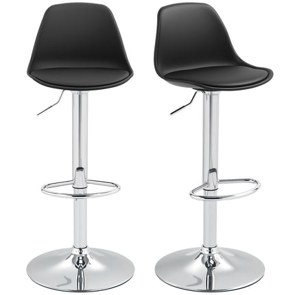 Set de 2 scaune de bar, scaune de bar căptușite cu cadru de oțel, spătar, scaune de bucătărie reglabile pe înălțime cu suport pentru picioare, scaun de bar rotativ 360° pentru bucătărie, sufragerie, sufragerie, piele artificială neagră Aosom