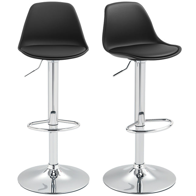 Set de 2 scaune de bar, scaune de bar căptușite cu cadru de oțel, spătar, scaune de bucătărie reglabile pe înălțime cu suport pentru picioare, scaun de bar rotativ 360° pentru bucătărie, sufragerie, sufragerie, piele artificială neagră Aosom