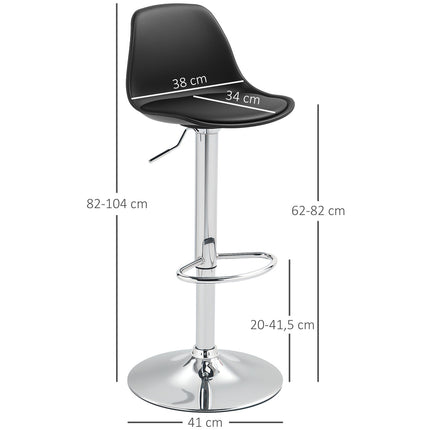 Set de 2 scaune de bar, scaune de bar căptușite cu cadru de oțel, spătar, scaune de bucătărie reglabile pe înălțime cu suport pentru picioare, scaun de bar rotativ 360° pentru bucătărie, sufragerie, sufragerie, piele artificială neagră Aosom