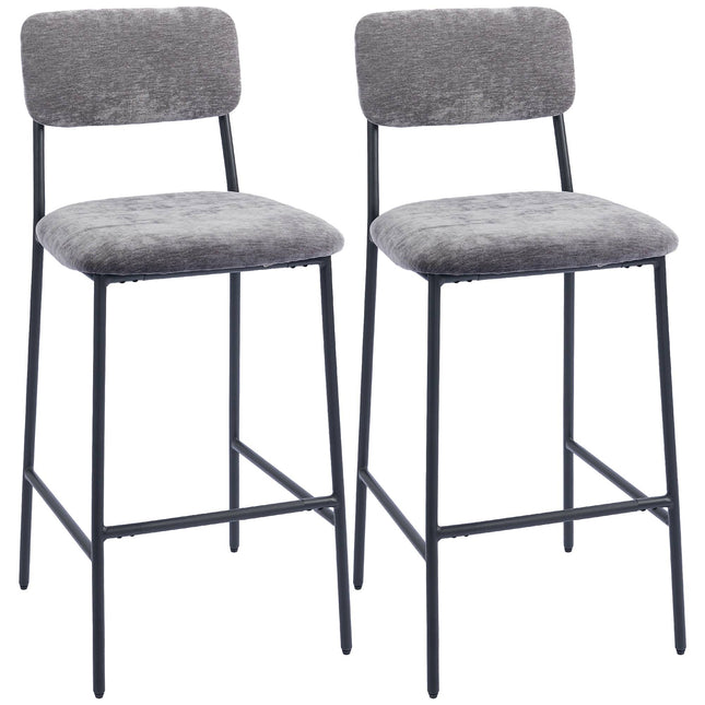 Set de 2 scaune de bar, căptușite, spătar înalt, material textil gri, oțel