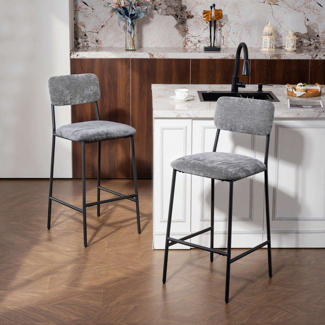 Set de 2 scaune de bar, căptușite, spătar înalt, material textil gri, oțel
