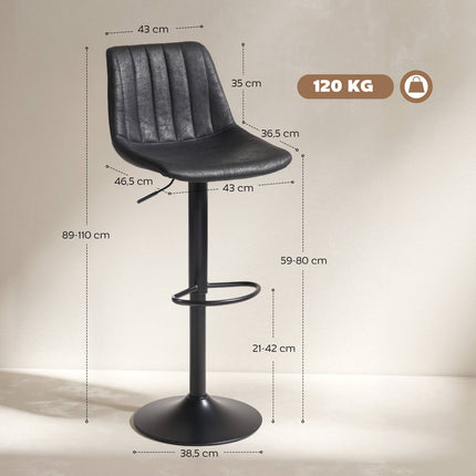 Scaune de bar, Set de 2, Retro, Înălțime reglabilă, Negre