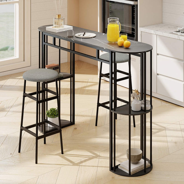 Masă de bar 150 cm din marmură artificială, cadru metalic negru, rafturi de depozitare