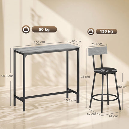 Set masă de bar cu 2 scaune din piele PU gri, economisește spațiu
