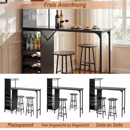 Set masă de bar cu 2 scaune, negru, depozitare vin