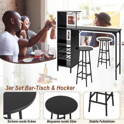 Set masă de bar cu 2 scaune, negru, depozitare vin