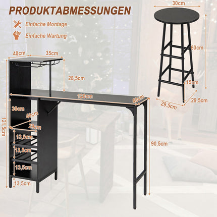 Set masă de bar cu 2 scaune, negru, depozitare vin