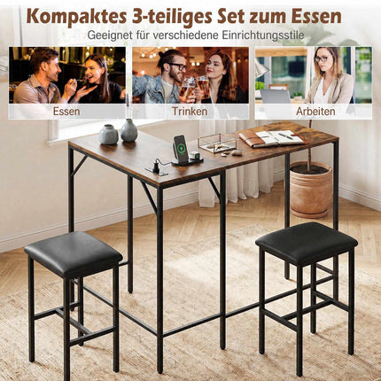 Set masă de bar cu 2 scaune, maro rustic, priză de curent